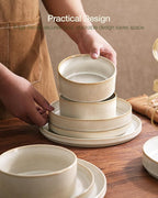 Famiware Star Dinnerware Sets, Plates and Bowls Set for 4, 12 Pieces Ribbed Dishes - Chip and Scratch Resistant, Microwave and Dishwasher Safe Tableware, Cappuccino White
