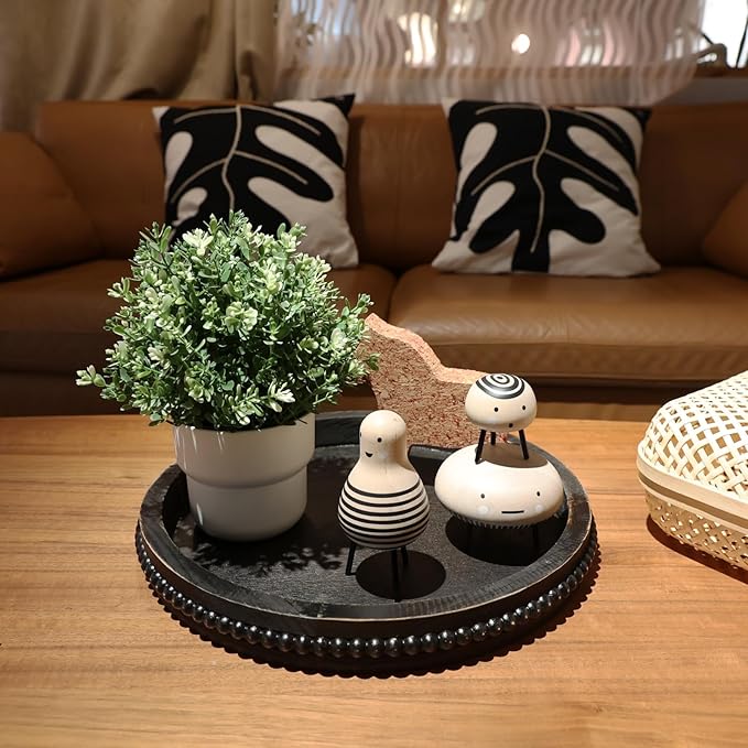 Hrastany Round Wooden Serving Tray with Beads, Circle Vintage Black Wood Coffe Table Tray for Dining Room Table Centerpiece, Kitchen Counter