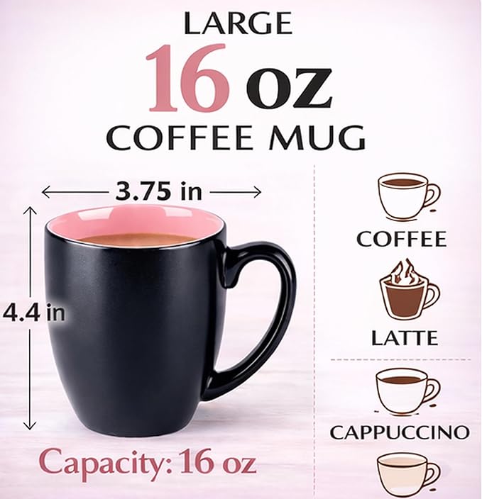 GBhome 12oz Coffee Mugs Set of 6, Large Ceramic Coffee Mugs for Man, Woman, Dad, Mom, Modern Coffee Mugs Set with handle for Tea/Latte/Cappuccino/Milk/Cocoa. Dishwasher&Microwave Safe,Pink