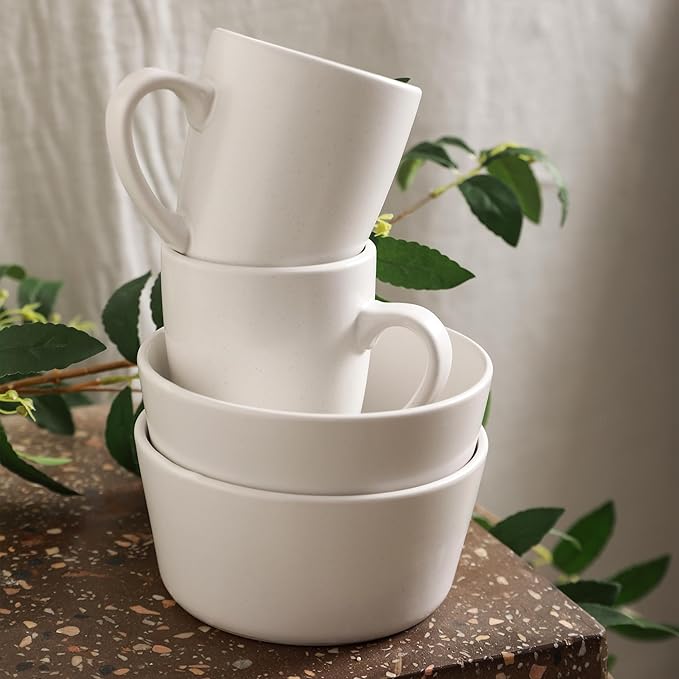 Stone Lain Albie Stoneware 16 Piece Modern Dinnerware Set, Plates and Bowls Sets, Service for 4, White Speckled, Microwave & Dishwasher Safe