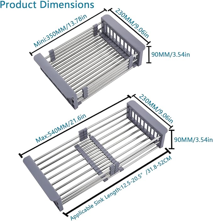 TUTEW Dish Drying Rack, Stainless Steel Dish Drainer with Adjustable Arms Holder Functional Kitchen Sink Organizer for Vegetable and Fruit, Gray Large
