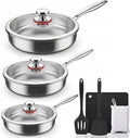 Tri-Ply Stainless Steel Frying Pan Set With Lids, 13pcs Stainless Steel Cookware Set with Detachable Handle, Induction Compatible Skillets for All Stovetops, Dishwasher and Oven Safe, Sliver