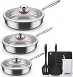 Tri-Ply Stainless Steel Frying Pan Set With Lids, 13pcs Stainless Steel Cookware Set with Detachable Handle, Induction Compatible Skillets for All Stovetops, Dishwasher and Oven Safe, Sliver