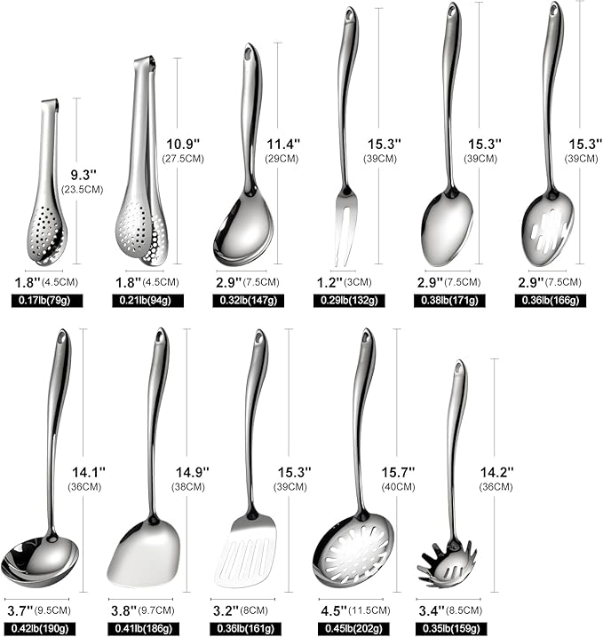 18/10 Stainless Steel Cooking Utensils Set, 11 PCS Long Large Metal Cooking Utensil Tools Set, Mirror Polished Kitchen Gadget Cookware and Kitchen Tool Set, Dishwasher Safe