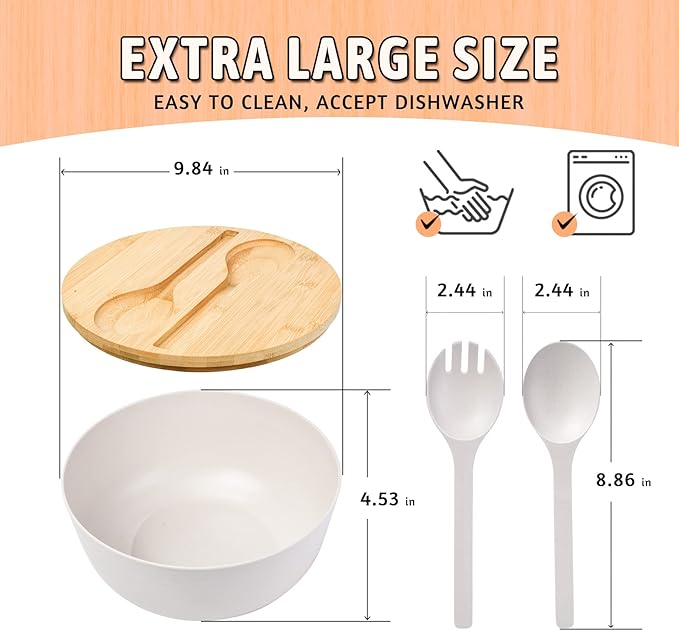 ECOWAY Bamboo Fiber Salad Bowl Set with Lid & Servers, 4Qt Large Serving Bowl with Bamboo Lid, 130OZ Mixing Bowl with Spoon Fork for Salad Fruits Vegetables and Pasta (White, 9.8inch)