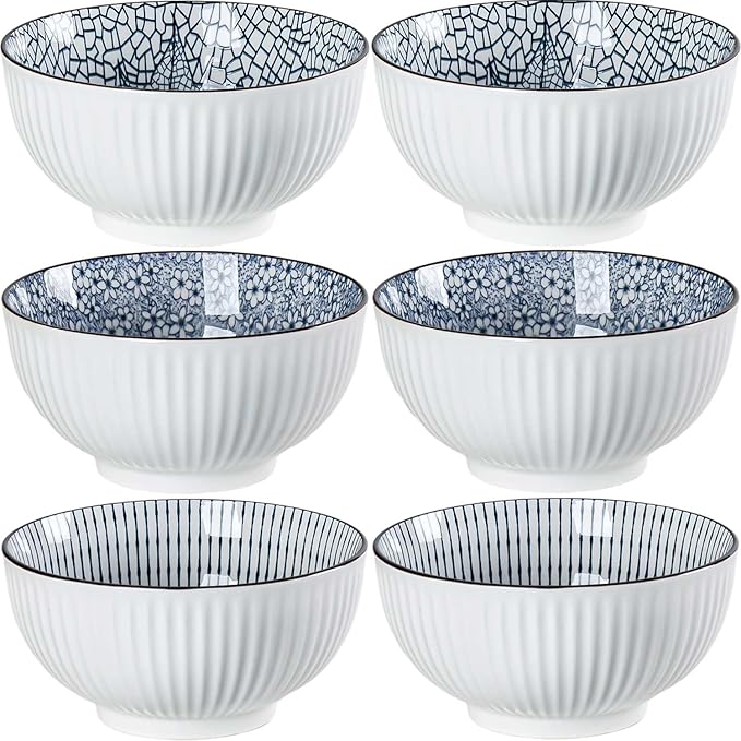 Houlu 30 ounce ceramic rice bowl, Japanese bowl set, various tableware for grains, soups, desserts, snacks, fruits, 6 pieces per pack (blue and white)