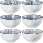 Houlu 30 ounce ceramic rice bowl, Japanese bowl set, various tableware for grains, soups, desserts, snacks, fruits, 6 pieces per pack (blue and white)