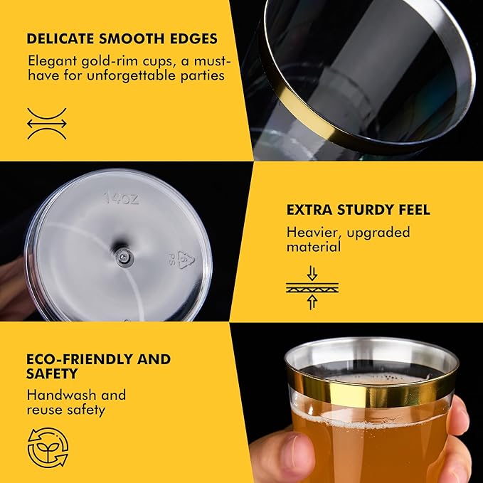 RACETOP 200 Pack 14oz Gold Rimmed Plastic Cups, Heavy Duty Disposable Glasses, Elegant Gold Rimmed Disposable Hard Cups for Party, Thanksgiving, Wine Taesting, Birthday and Christmas.