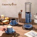 GBhome 6OZ Stackable Coffee Mugs with Stand and Saucer, Ceramic Coffee Mugs Set of 4 with Texture Patterns for Man,Woman,Dad,Mom, Modern Coffee Cups for Latte/Espresso. Dishwasher&Microwave Safe, Blue