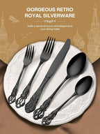 Stapava 30 Pcs Black Silverware Set, Gorgeous Retro Royal Silverware Set for 6, Stainless Steel Mirror Flatware Cutlery Set, Include Forks Spoons and Knives set, Dishwasher Safe Utensils