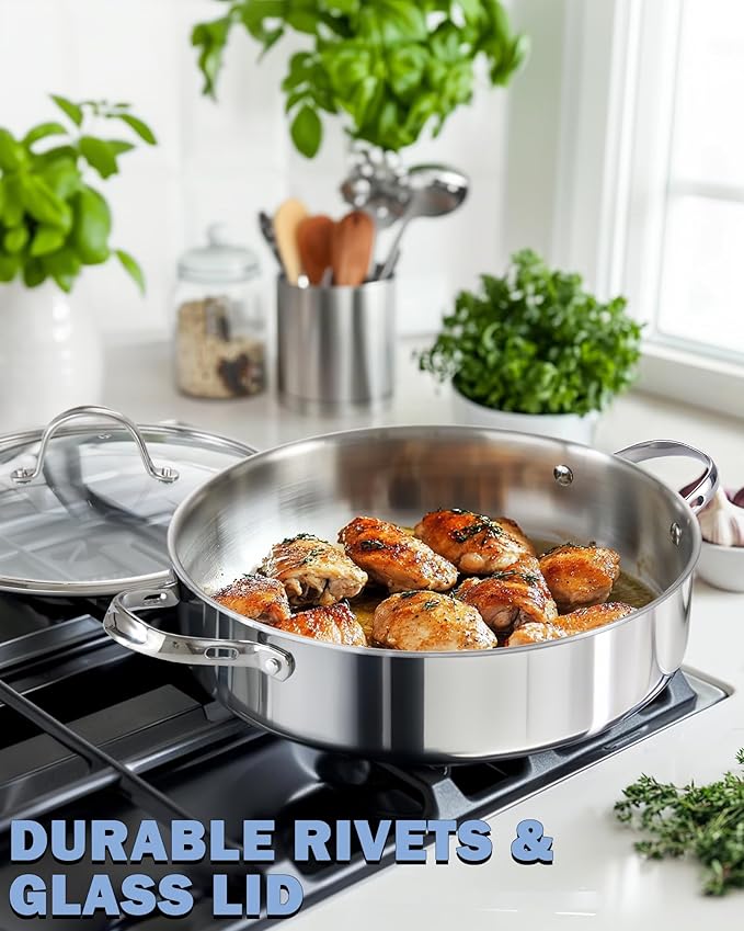 Cooks Standard 5.5-Quart Multi-Ply Clad Stainless Steel Deep Sauté Pan, 12-inch Frying Pan, Large Skillet with Lid Chef Induction Cookware, Stay-Cool Handle