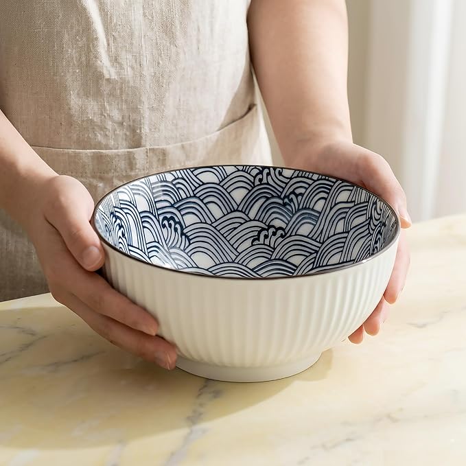 QINLANG Large Soup Bowls, Pho & Ramen Set of 3, 60 oz Blue & White Porcelain - Wave Pattern