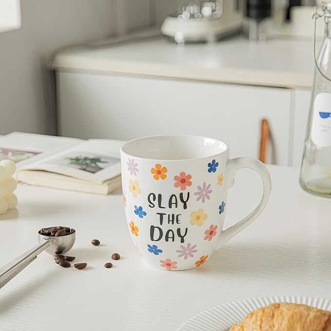 16 OZ Coffee Mugs Set of 6, Aesthetic Cute Cups with Retro Floral Pattern, Inspirational Affirmation Gifts for Women, Coworkers, Friends, Ceramic, (White)