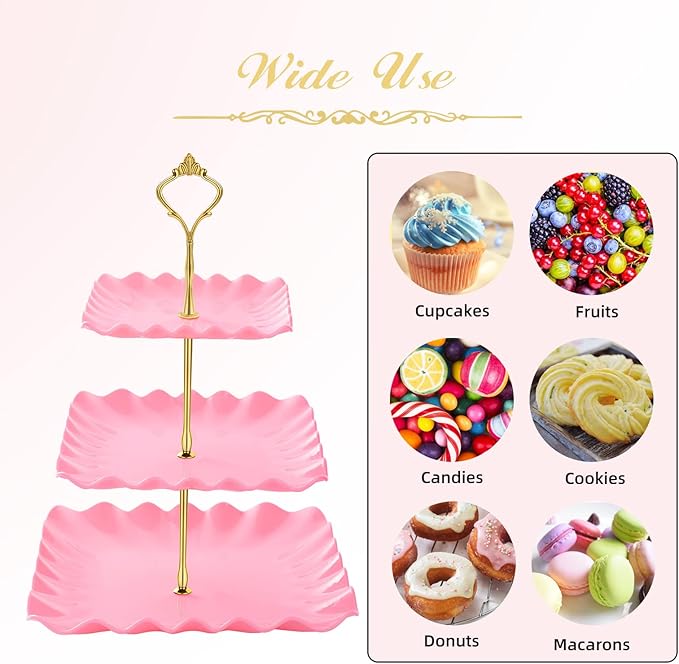 DAFURIET Dessert Cupcake Stand, 3 Tier Cup Cake Holder Tower for Tea Party/Birthday/Wedding, Plastic Tiered Serving Tray with Metal Rod, Pink