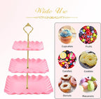DAFURIET Dessert Cupcake Stand, 3 Tier Cup Cake Holder Tower for Tea Party/Birthday/Wedding, Plastic Tiered Serving Tray with Metal Rod, Pink
