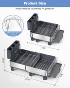 Dish Drying Rack, 304 Stainless Steel Expandable Dish Rack with Adjustable Drain Spout, Large Capacity Dish Drainer with Utensil Holder, Cup Holder and Cutting Board Rack for Kitchen Counter, Gray