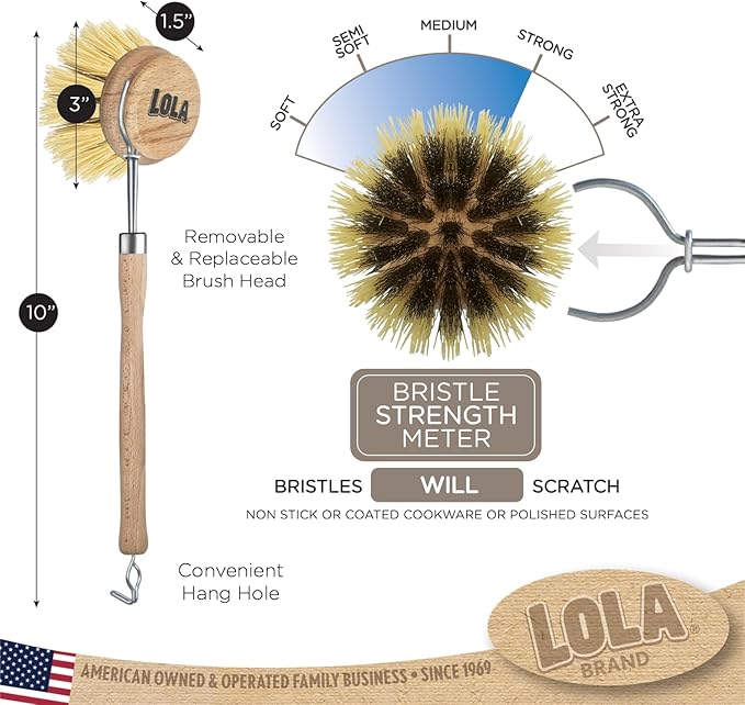 LOLA - The Original- Pot & Pan Brush, Heavy Duty Brass Wire & Tampico Bristles, Handle Made from Sustainable Birch Wood for Cleaning, 1 Pack