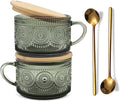Vintage Coffee Mugs Set of 2 Green, 14 Oz Overnight Oats Containers with Bamboo Lids and Spoons, Glass Breakfast Cups, Cute Coffee Bar Accessories Christmas Gifts