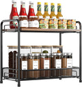 Spice Rack Organizer for Countertop with Wood Top, 2-Tier Foldable Metal Rust-Proof Standing Large Seasoning Storage Shelf with Guardrail & Mesh Design for Kitchen Cabinet Living Room, Black