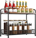 Spice Rack Organizer for Countertop with Wood Top, 2-Tier Foldable Metal Rust-Proof Standing Large Seasoning Storage Shelf with Guardrail & Mesh Design for Kitchen Cabinet Living Room, Black