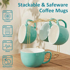 Teocera 16oz Large Coffee Mugs Set of 4 - Thick Mint Green Porcelain Cups for Cappuccino, Latte, Tea & Hot Chocolate - Dishwasher Safe Ceramic with Comfort Grip Handles