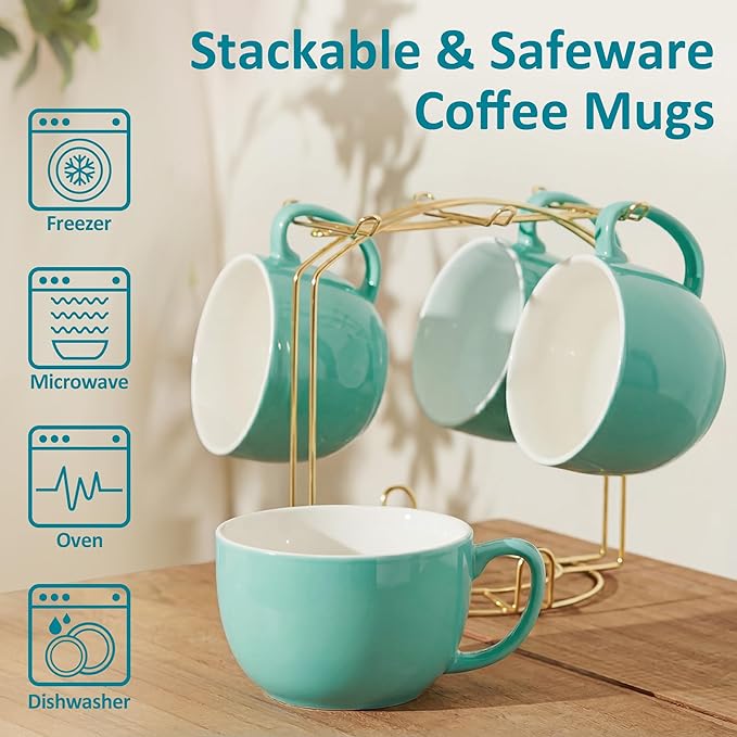 Teocera 16oz Large Coffee Mugs Set of 4 - Thick Mint Green Porcelain Cups for Cappuccino, Latte, Tea & Hot Chocolate - Dishwasher Safe Ceramic with Comfort Grip Handles