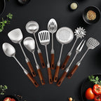 304 Stainless Steel Cooking Utensils Set with Wood Handle,10 Piece Metal Kitchen Utensils Dishwasher Safe Heat Resistant Serving Utensil Wok Tools (13-14in)