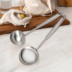 2PCS Soup Ladle Stainless Steel and Slotted Spoon Set, 304 Wok Utensils Set, Metal Strainer Spoon for Cast Iron/Carbon Steel Wok