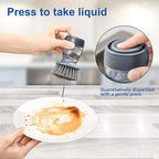 Dish Brush with Soap Dispenser, Kitchen Dish Scrubbers Set with Draining Tray for Washing Dishes/Pots, Grey, Set of 2