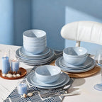 KINGSTONE 24-Piece Bone China Dinnerware Set for 8, Lightweight Porcelain Round Plates and Bowls Set, Durable Scratch Resistant Ceramic Dinner Set, Microwave & Dishwasher Safe, Misty Blue