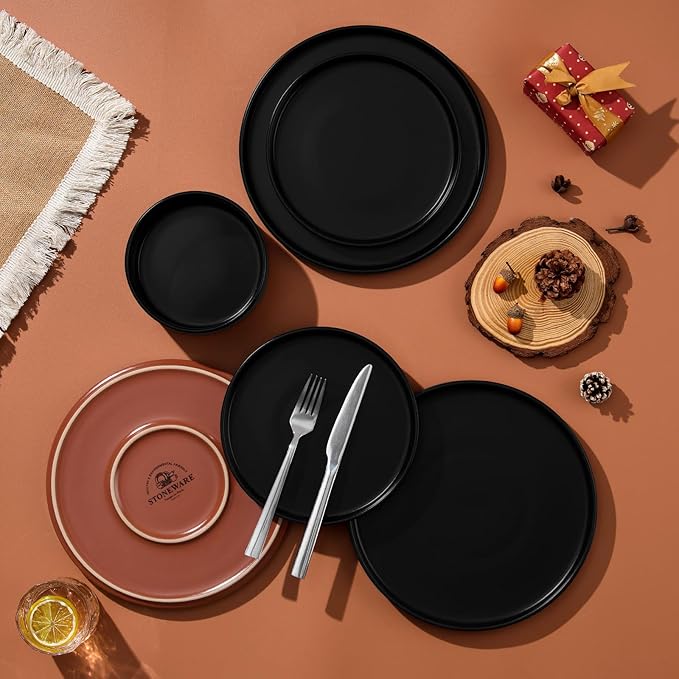 LIANYU Plates and Bowls Sets, 18 Pieces Stoneware Dinnerware Set for 6, Modern Kitchen Dinner Set Ceramic Dishware Dishes Set, Microwave and Dishwasher Safe, Charcoal Black