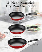Cook N Home Nonstick Frying Pans Set 3 Piece, 8, 9.5, 11-Inch Kitchen Cooking Skillets Saute Fry Pan Induction Compatible, Marble Red