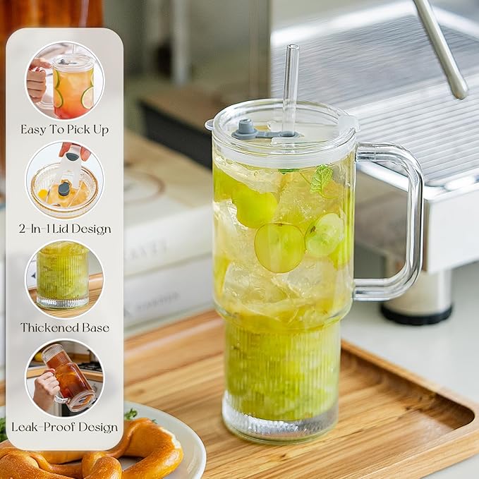 KEMORELA 26oz Ribbed Glass Mug with Handle and Lid – Large Clear Tumbler for Iced Coffee, Tea, Smoothies & Hot Drinks, Reusable Glass Cup with Straw, Dishwasher Safe, Travel Friendly