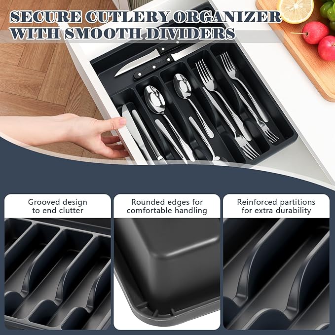 BEWOS 49-Piece Silverware Set with Organizer - Stainless Steel Silverware Set for 8 with Drawer Organizer, Dishwasher Safe Flatware Set for Home and Restaurant, Mirror Polished