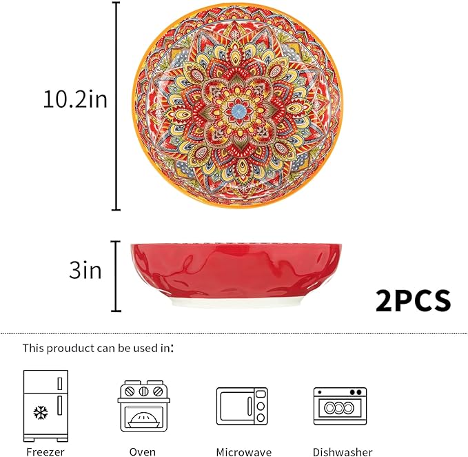 Boho Large Serving Bowls, 10.2 Inch Fruit Salad Bowls, Decorative Serving Dishes for Entertaining, 80 OZ Pasta Bowls Set of 2, Vibrant Colorful Soup Bowls for Party, Home Decor, Bohemian Style Gift