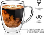 4 Pack Double Walled Glass Coffee Mugs with Bamboo Lid/Spoon, Insulated Coffee Cups with Handle, Cappuccino Latte Glasses Cup, Clear Glass Mugs for Hot Drinks Tea Milk Juice Ice Cream (350ml)