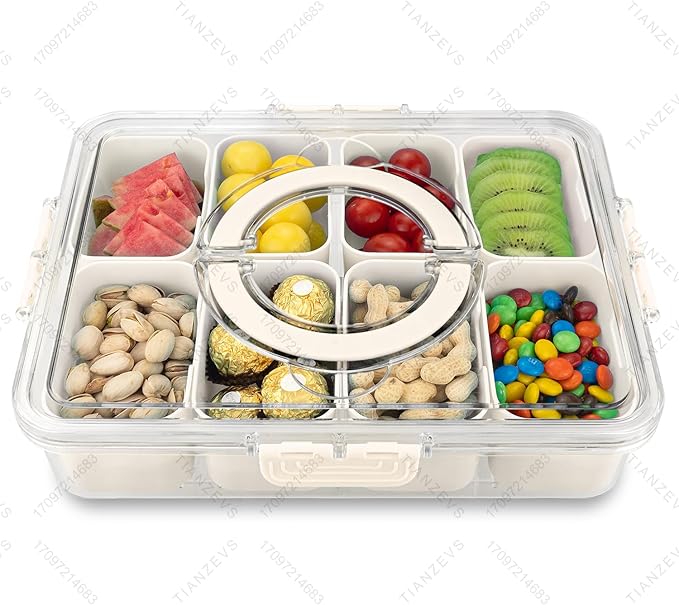 HRXFOZ Divided Serving Tray with Lid and Handle,8 Compartments Snacks Box,Snack Fruit and Veggie Tray,Portable Platter for Candy Fruits Nuts Snack Party Entertaining Picnic (1 PCS)