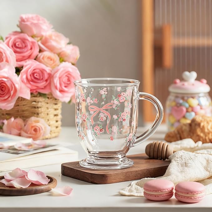 KEMORELA 16oz Coquette Cute Pink Bow Glasses Cups 2pcs, Cute with Handle, Aesthetic Iced Coffee Cup, Best Friend Birthday Gifts for Women Friendship Gifts for Hot Cold Drinks-Dishwasher Safe