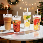 4PCS 20oz Glass Cups with Lids and Straws, Iced Coffee Cups with Lids, Stylish Ribbed Thick Drinking Glasses Tumbler for Juice, Smoothies, Cold Beverages, Cute Cup Gifts with Clean Brush