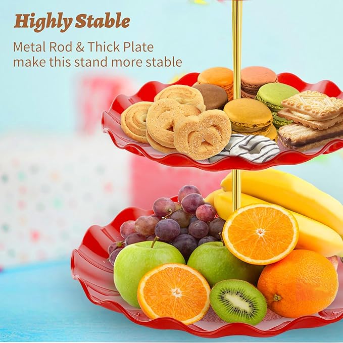 BACUTHY 3 Tier Cupcake Stand Holder, Plastic Cup Cake Stand Tower with Tiered Serving Tray for Cupcakes, Donuts, Fruits and More, Red