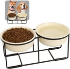 Ceramic Elevated Dog Bowl Set - Raised Food and Water Bowls with Metal Stand - Double Pet Dishes for Small and Medium Dogs - 2 Cups - 27 fl oz - Beige