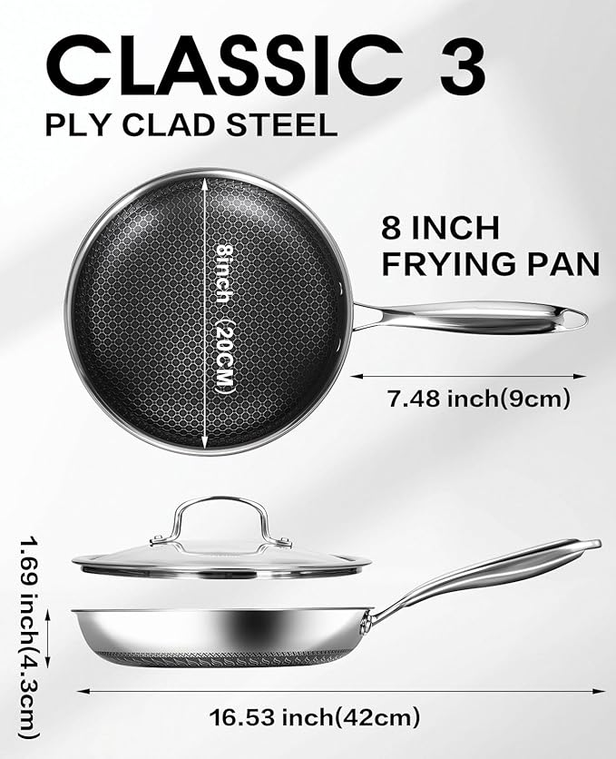 Nonstick Frying Pans with Lid,8-Inch Non stick Skillet with Honeycomb Surface,Dishwasher-Friendly,Oven-Safe,PFAS-Free,Compatible with All Cooktops.