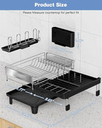 Expandable Dish Drying Rack, Dish Racks for Kitchen Counter, Stainless Steel 304, Flip-Top Retractable Plate, Multi-Directional Adjustable Dish Rack, Space Saving Large Drying Rack Kitchen, Black