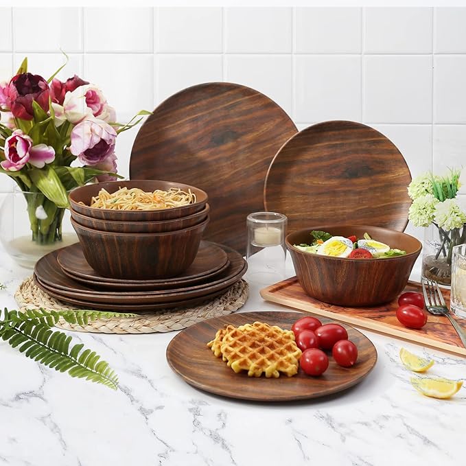 TP 12-Piece Melamine Dinnerware Sets, Plates and Bowls Dishes Set for 4, Break-Resistant & Non-Microwavable, Lightweight Dinner Plates, Wood Grain