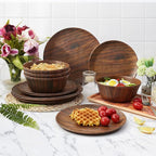 TP 12-Piece Melamine Dinnerware Sets, Plates and Bowls Dishes Set for 4, Break-Resistant & Non-Microwavable, Lightweight Dinner Plates, Wood Grain