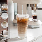 INSETLAN 20oz Ribbed & Floral Glass Tumblers with Lids and Glass Straws, Set of 2 – Iced Coffee Cups, Reusable Drinking Glasses for Water, Smoothies, Tea, and Juice – Perfect for Travel & Daily Use