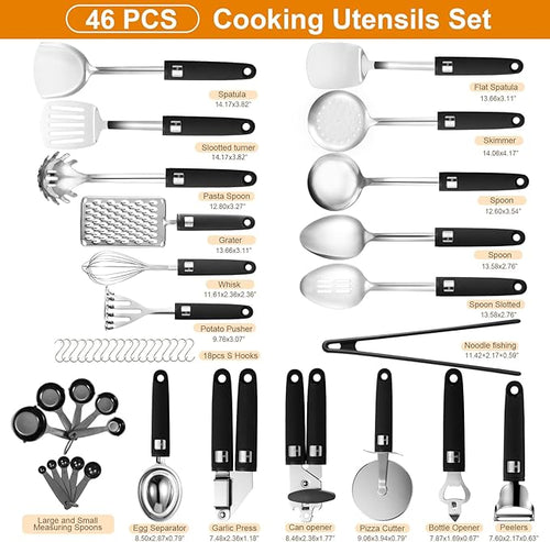 46Pcs 18/8 Stainless Steel Kitchen Utensils Set, Stainless Steel Cooking Utensils, Complete Tools with Metal Kitchen Gadgets for Beginner Cooks, Apartment Dwellers, Homemakers, Dishwasher Safe