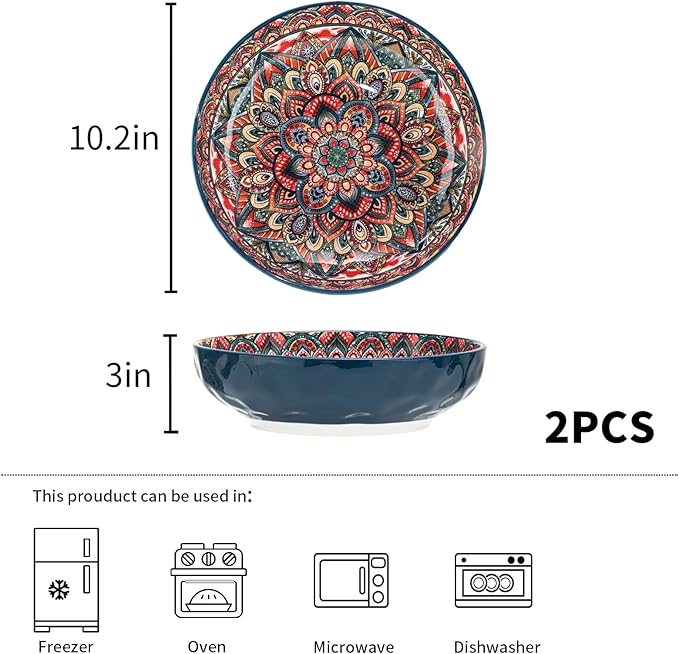 Boho Large Serving Bowls, 10.2 Inch Fruit Salad Bowls, Decorative Serving Dishes for Entertaining, 80 OZ Pasta Bowls Set of 2, Vibrant Colorful Soup Bowls for Party, Home Decor, Bohemian Style Gift