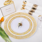 WELLIFE 50 Guests Dinnerware Sets, Gold Plastic Plates，Platos Para Fiestas Elegantes Desechables Include:50 Dinner Plates, 50 Dessert Plate, 150 Pcs Gold Plastic Silverware, 50 Cups for Party