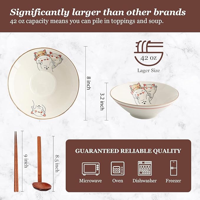 NJCHARMS Ceramic Japanese Ramen Noodle Soup Bowl, 2 Sets (6 Piece) 42 Ounce, with Matching Spoon and Chopsticks for Udon Soba Pho Asian Noodles (8 inch, Beige)